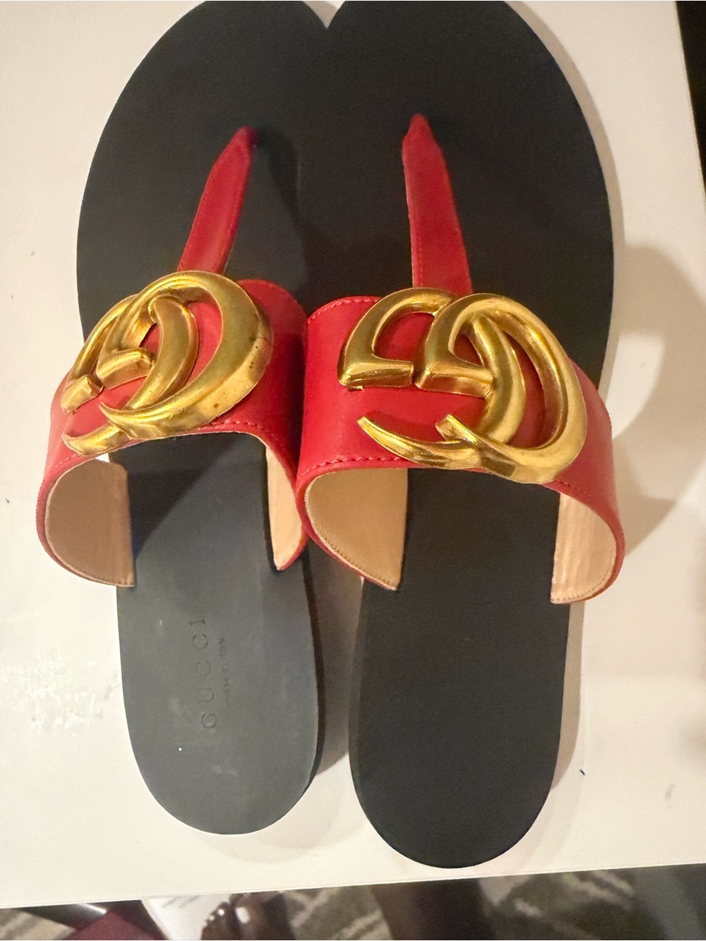 Gucci Red Leather Slide Sandals with Gold Interlocking G